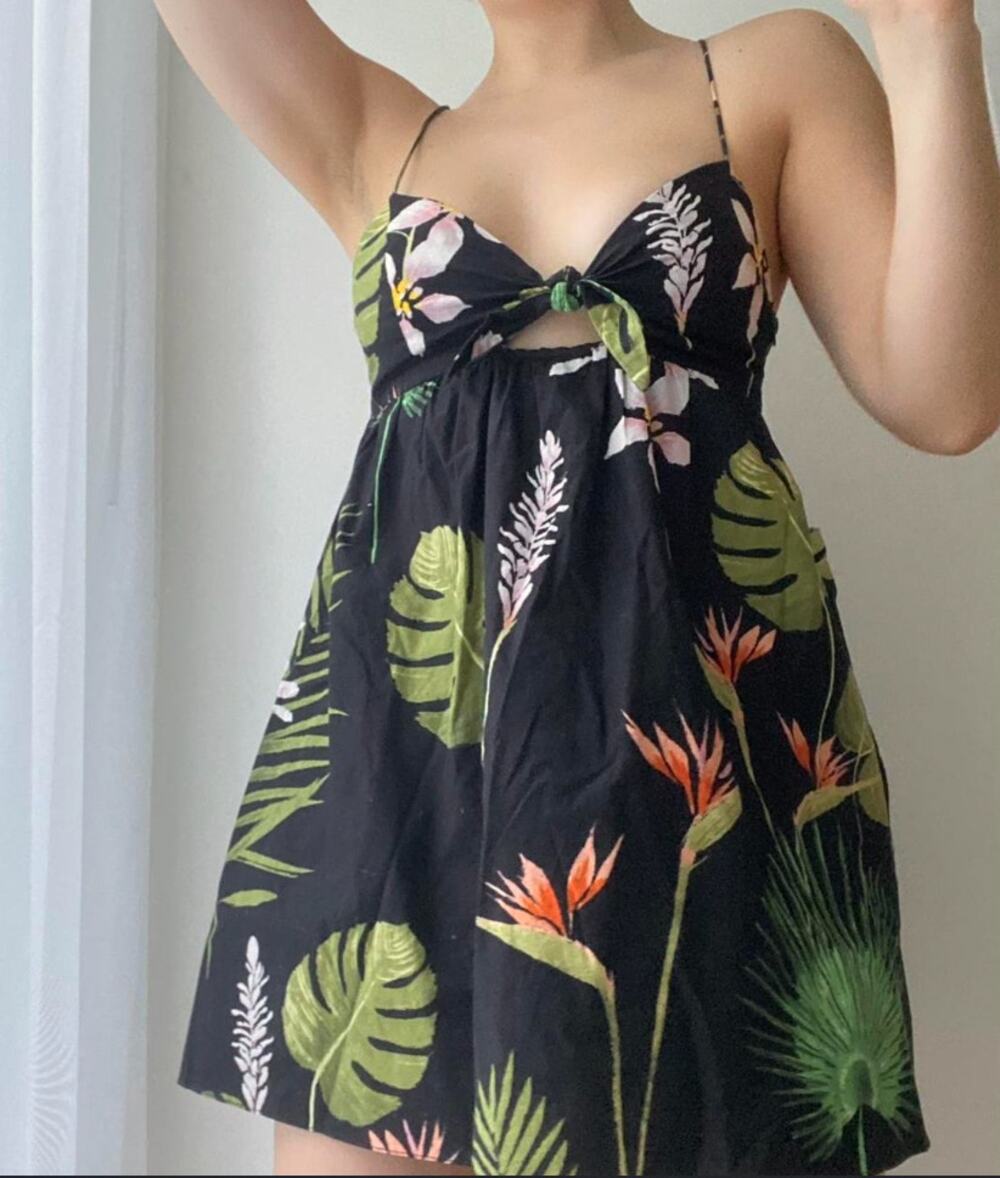 ZARA Tropical Botanical Black Floral Mini Dress XS